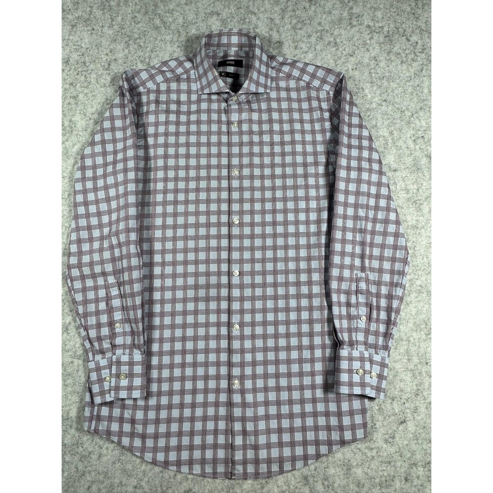 BOSS Hugo Boss Dress Shirt Mens 15 32/33 Blue Check Slim Fit Cotton LS
